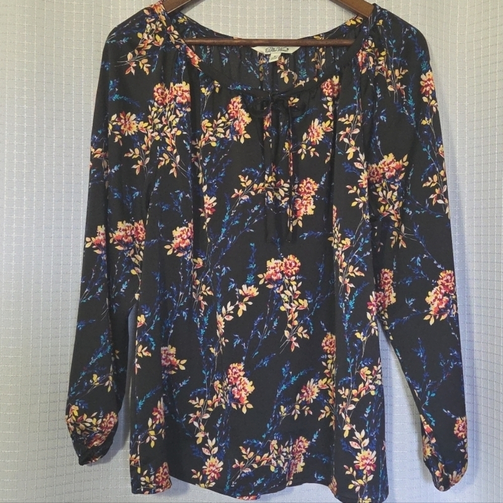 The Pioneer Woman Black Floral Peasant Blouse with Pink & Blue Accents Size M - Picture 1 of 8